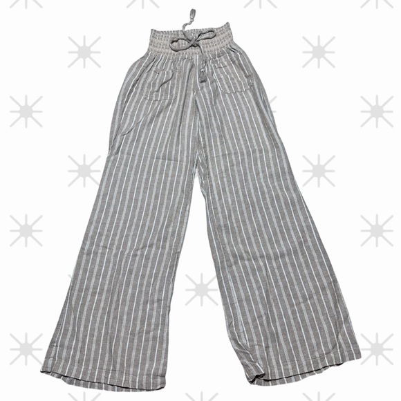 Linen blend striped wide leg pants size small high waist smocked waistband boho - Picture 1 of 7